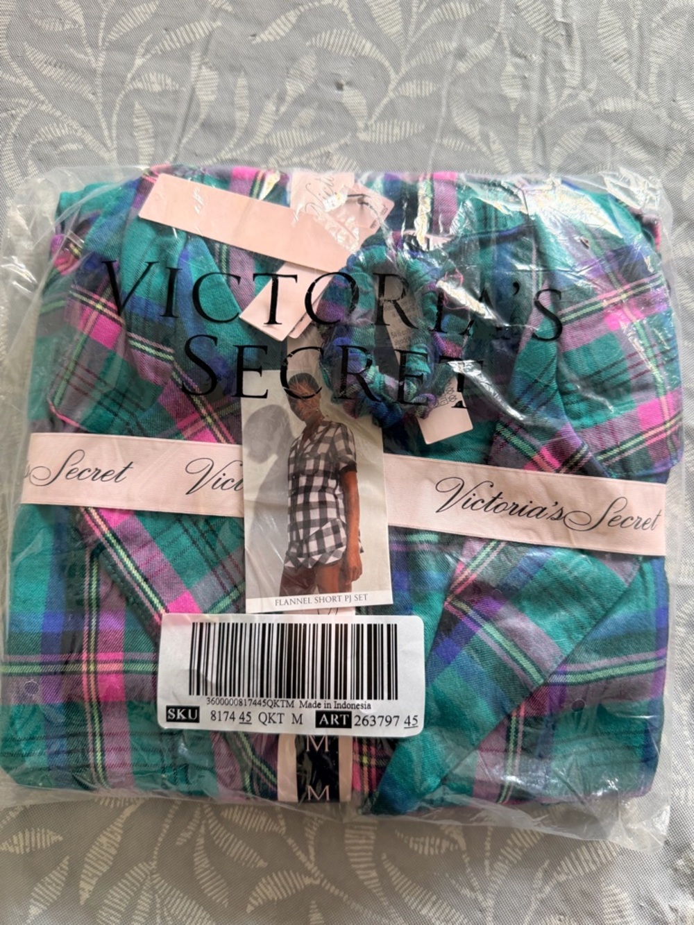 Victoria's Secret Teal Plaid Flannel Shorts Set with Pink Accents